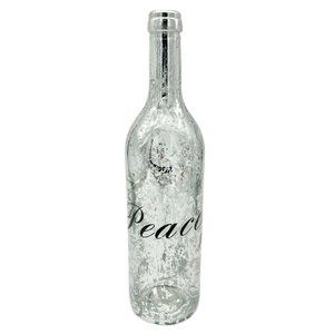 Upcycled Painted Peace Wine Bottle 12in Decor Silver